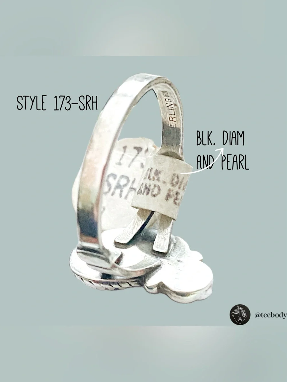 VTG NWT Sterling Silver Black Diamond & Pearl Ring Artist Signed Hallmark